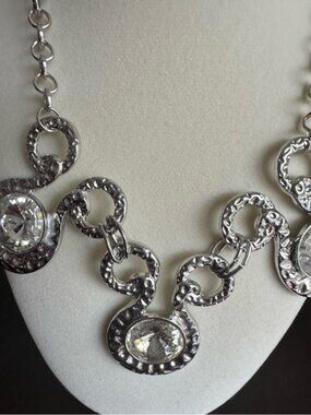 Silver Tone Hammered Statement Necklace | Large Rivoli Crystal Bib | Adjustable